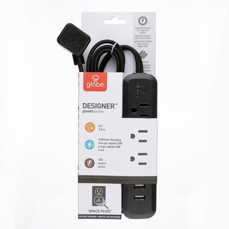 GLOBE Electric Designer 6 ft. L 3 outlets Power Strip with USB Ports Black 300 J 78249